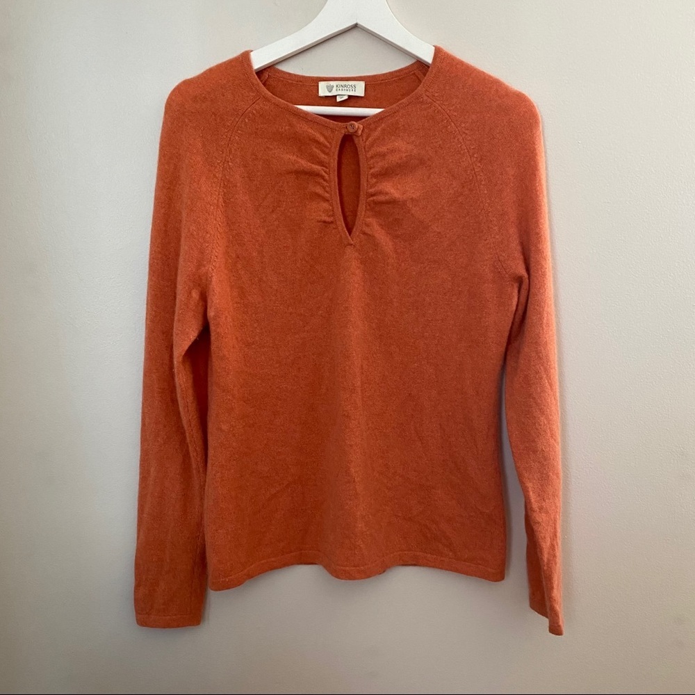 Kinross Cashmere Sweater Orange Keyhole Button Solid Knit Fall Vibes Trendy Cute